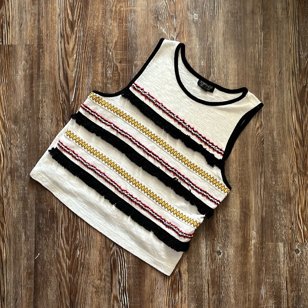 Topshop Cream Black Embroidered Sleeveless Fringe Summer Stretchy Top